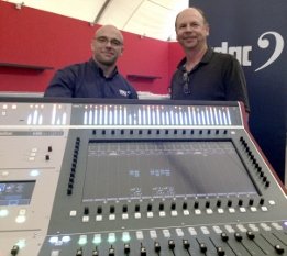 (L – R) CADAC’s International Sales Manager, Ben Milson and ETA founder, Dave Croxton with the CDC eight digital sound touring console.